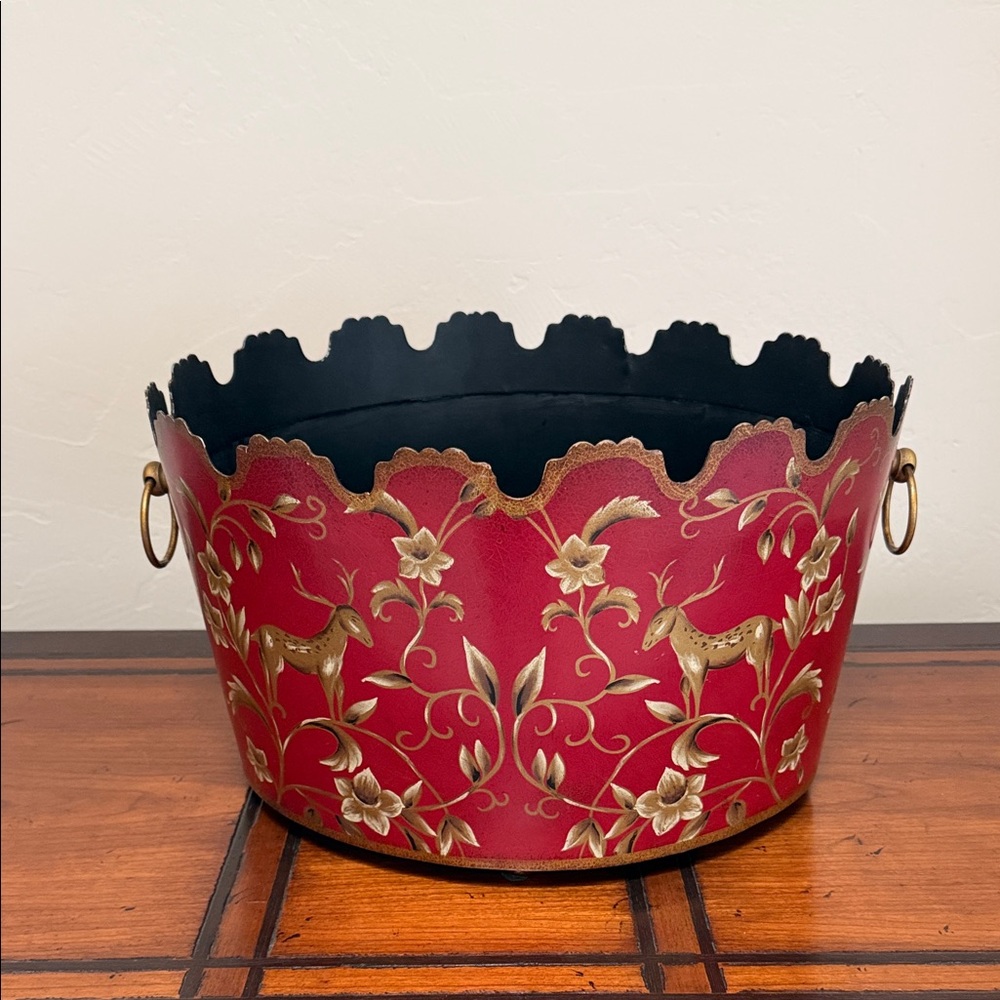 Large vintage inspired cache pot/bin.  Hand painted red and gold toile on metal